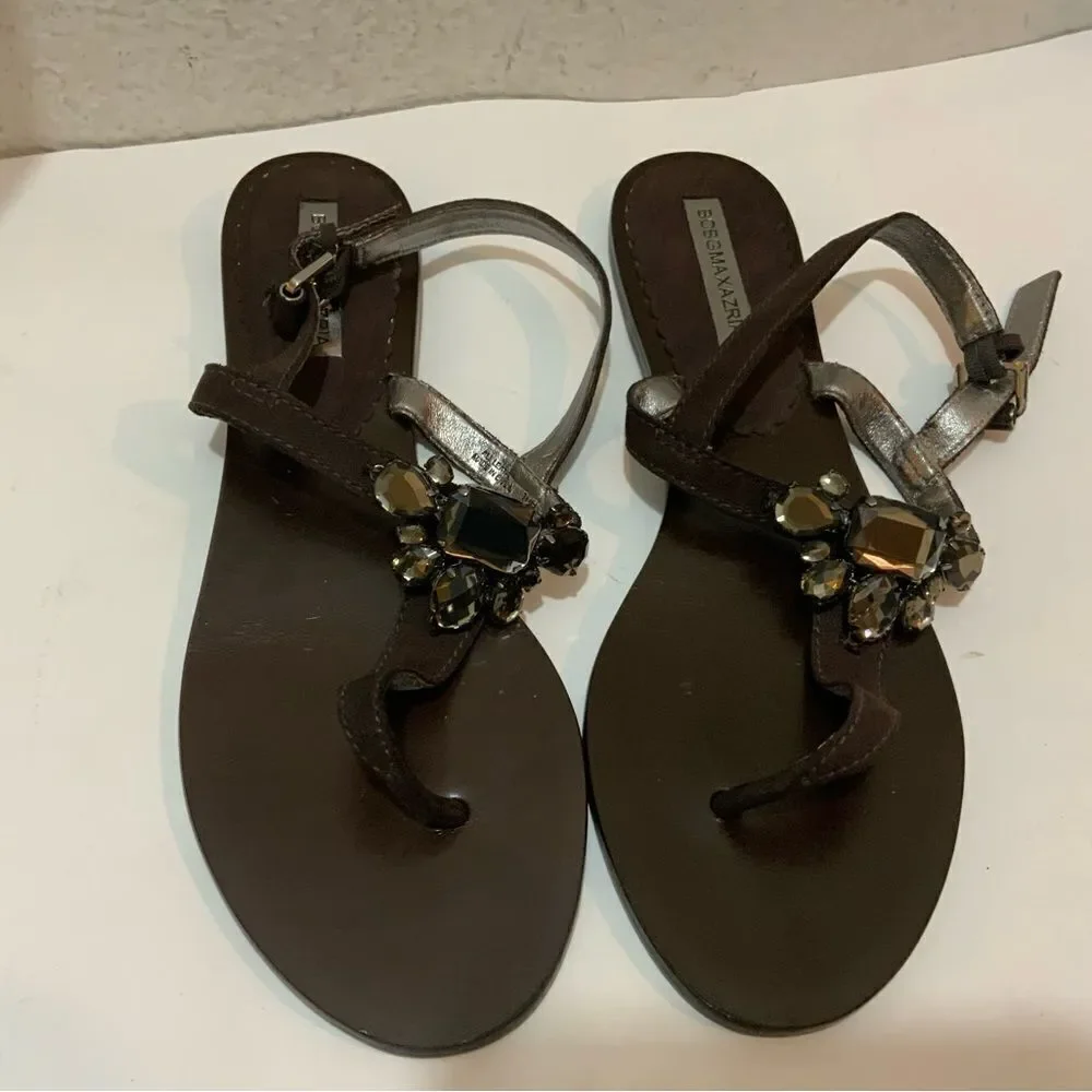 BCBG MaxAzria Dark Brown Leather Sandals with jeweled Accent U.S. Size 10 B